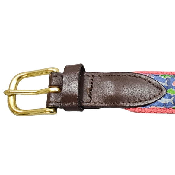 Vineyard Vines Fish Belt Men's Size 30 Leather Canvas Fabric Blue Pink Aquatic - Picture 2 of 15